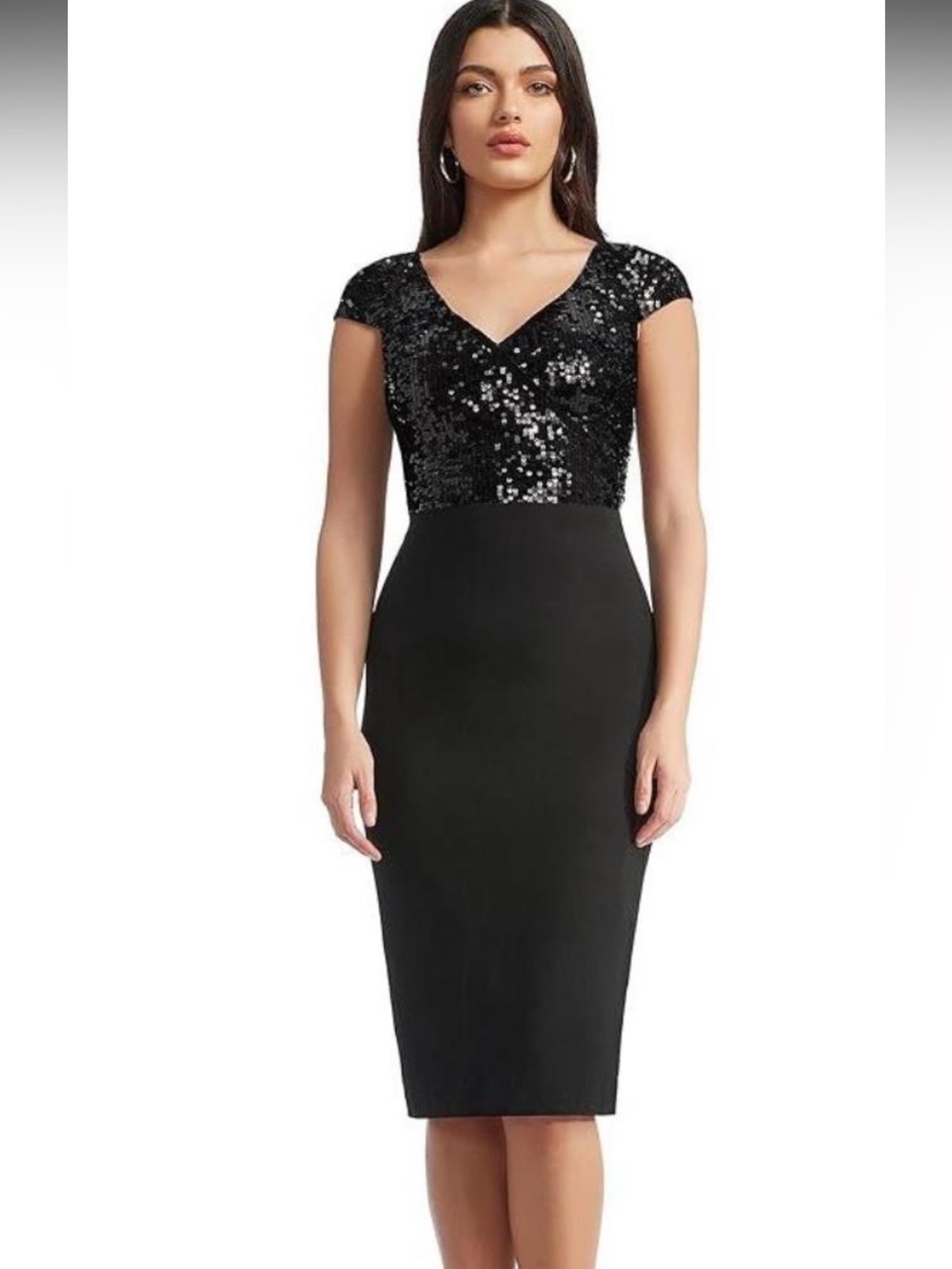 Dress the Population Black Sequin V-Neck Cap Sleeve Midi Dress